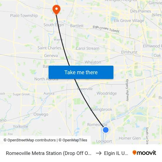 Romeoville Metra Station (Drop Off Only) to Elgin IL USA map