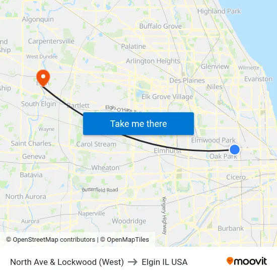 North Ave & Lockwood (West) to Elgin IL USA map