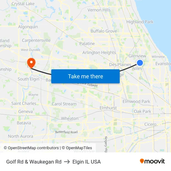 Golf Rd & Waukegan Rd to Elgin IL USA map