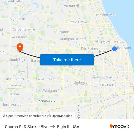 Church St & Skokie Blvd to Elgin IL USA map