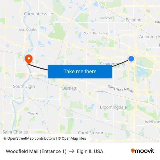 Woodfield Mall (Entrance 1) to Elgin IL USA map
