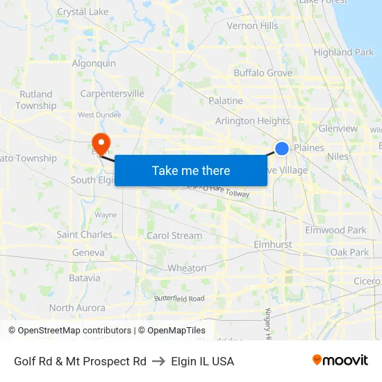 Golf Rd & Mt Prospect Rd to Elgin IL USA map