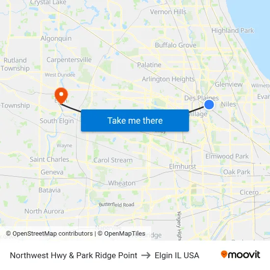 Northwest Hwy & Park Ridge Point to Elgin IL USA map