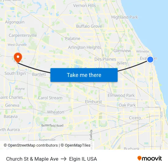 Church St & Maple Ave to Elgin IL USA map