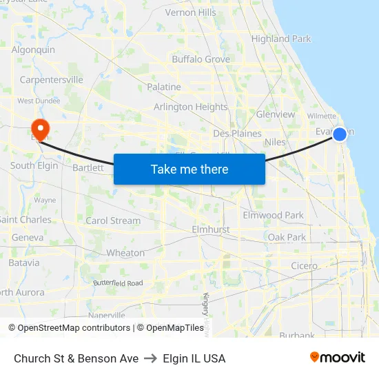Church St & Benson Ave to Elgin IL USA map