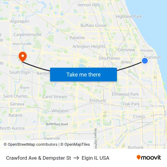 Crawford Ave & Dempster St to Elgin IL USA map