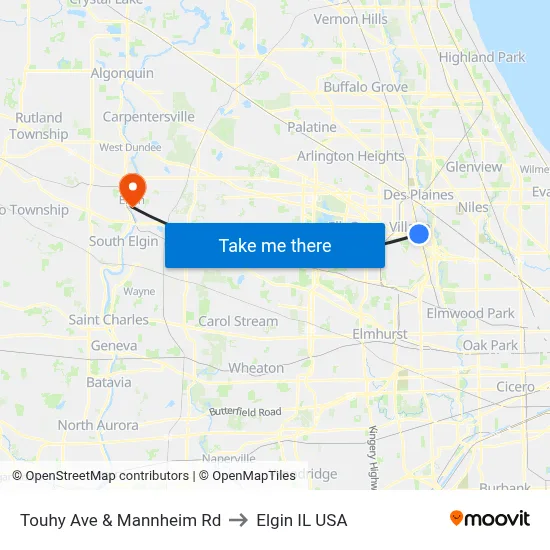 Touhy Ave & Mannheim Rd to Elgin IL USA map