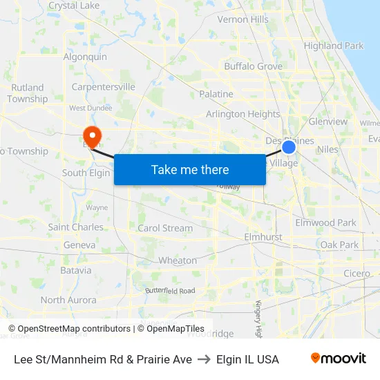 Lee St/Mannheim Rd & Prairie Ave to Elgin IL USA map