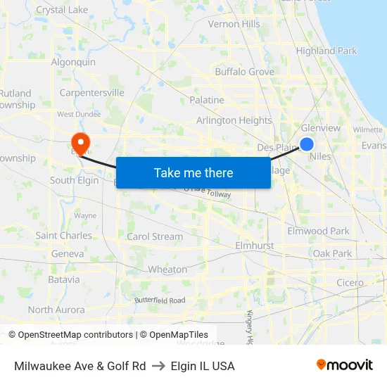 Milwaukee Ave & Golf Rd to Elgin IL USA map