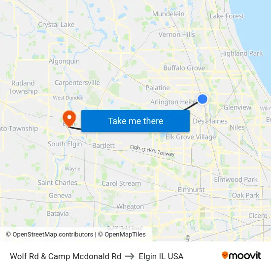Wolf Rd & Camp Mcdonald Rd to Elgin IL USA map