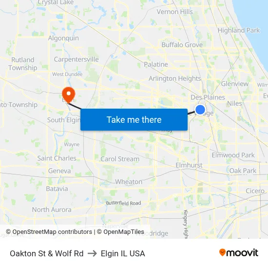 Oakton St & Wolf Rd to Elgin IL USA map