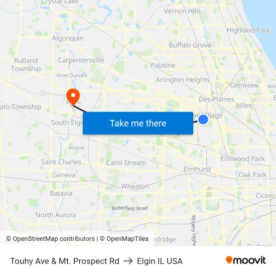 Touhy Ave & Mt. Prospect Rd to Elgin IL USA map