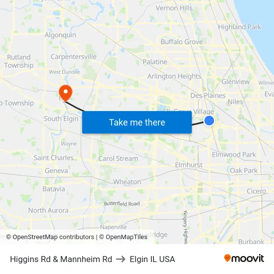 Higgins Rd & Mannheim Rd to Elgin IL USA map