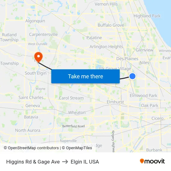 Higgins Rd & Gage Ave to Elgin IL USA map