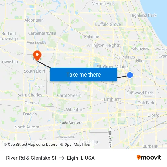 River Rd & Glenlake St to Elgin IL USA map
