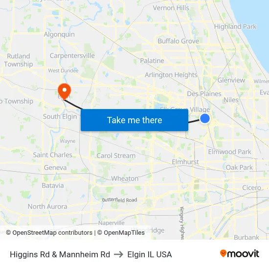 Higgins Rd & Mannheim Rd to Elgin IL USA map