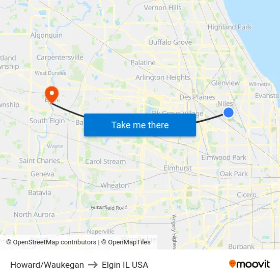 Howard/Waukegan to Elgin IL USA map