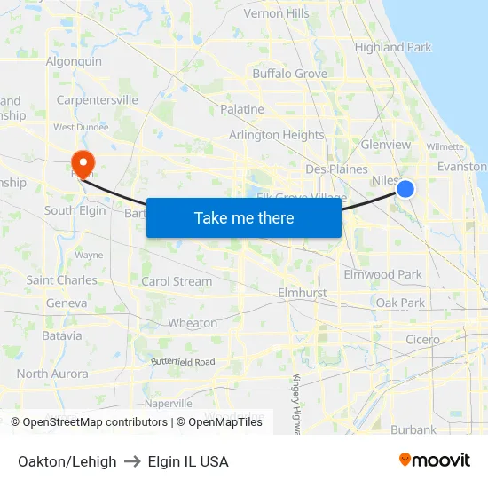 Oakton/Lehigh to Elgin IL USA map