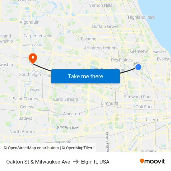 Oakton St & Milwaukee Ave to Elgin IL USA map