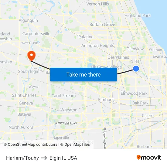 Harlem/Touhy to Elgin IL USA map
