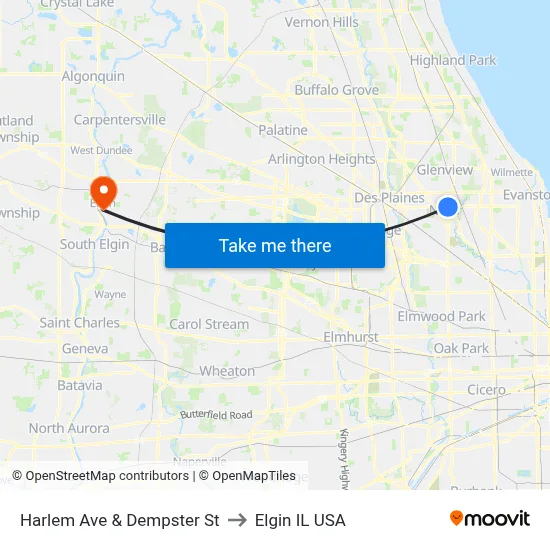 Harlem Ave & Dempster St to Elgin IL USA map