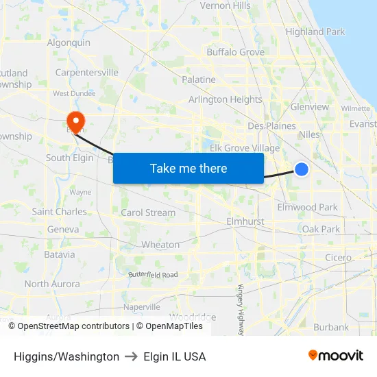Higgins/Washington to Elgin IL USA map