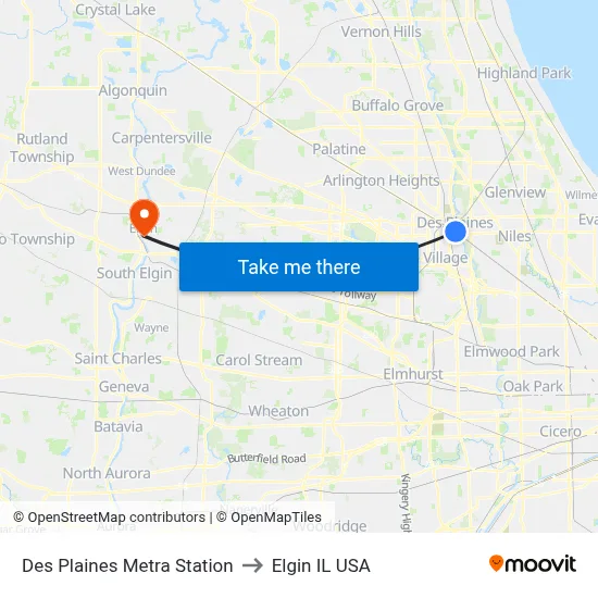 Des Plaines Metra Station to Elgin IL USA map