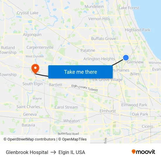 Glenbrook Hospital to Elgin IL USA map