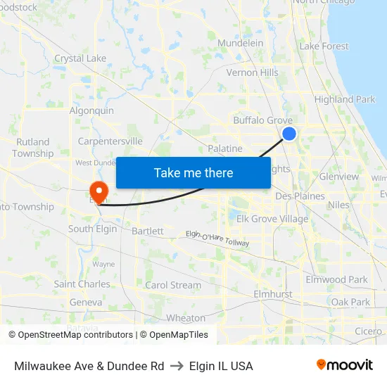 Milwaukee Ave & Dundee Rd to Elgin IL USA map