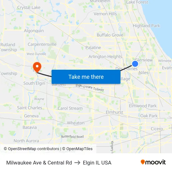 Milwaukee Ave & Central Rd to Elgin IL USA map
