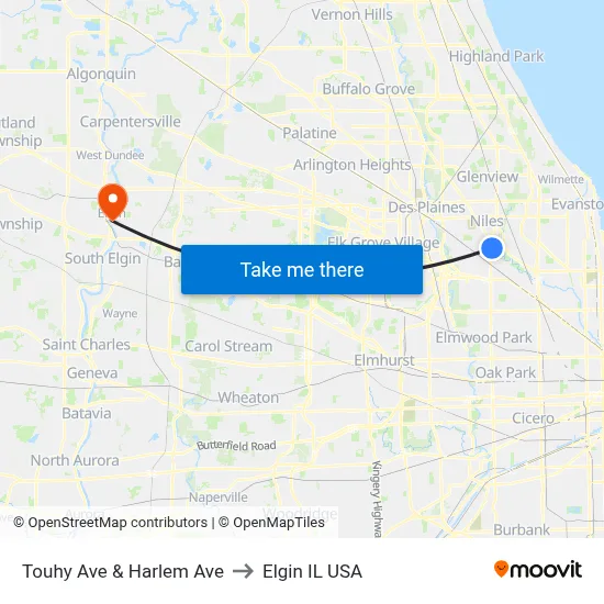 Touhy Ave & Harlem Ave to Elgin IL USA map