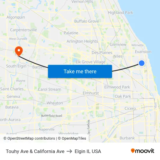Touhy Ave & California Ave to Elgin IL USA map