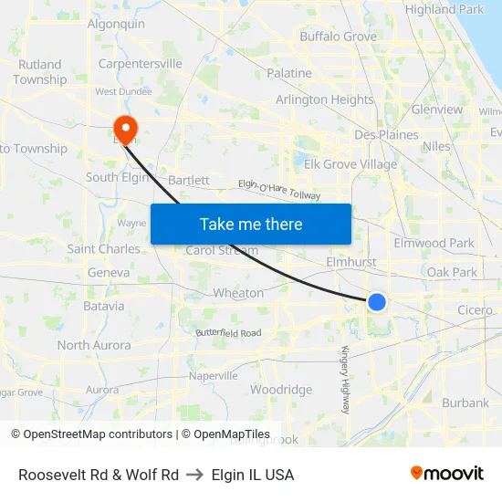 Roosevelt Rd & Wolf Rd to Elgin IL USA map