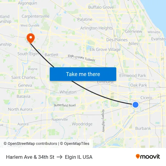 Harlem Ave & 34th St to Elgin IL USA map