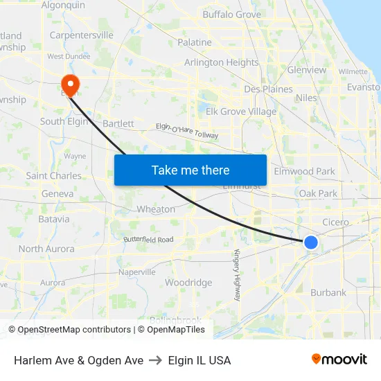 Harlem Ave & Ogden Ave to Elgin IL USA map