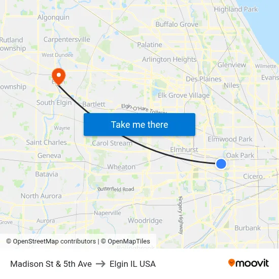 Madison St & 5th Ave to Elgin IL USA map