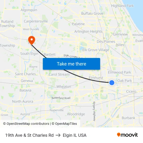 19th Ave & St Charles Rd to Elgin IL USA map