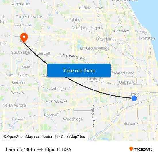 Laramie/30th to Elgin IL USA map
