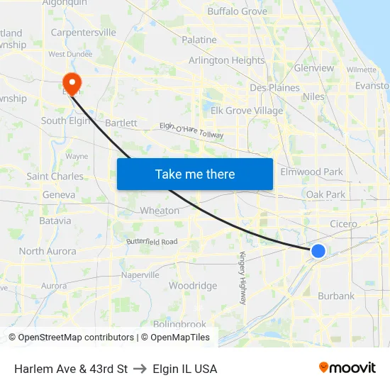 Harlem Ave & 43rd St to Elgin IL USA map