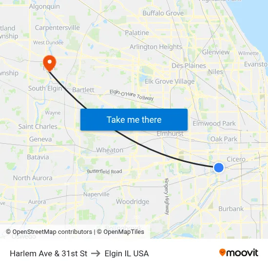 Harlem Ave & 31st St to Elgin IL USA map