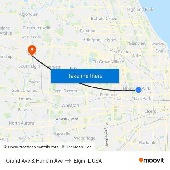 Grand Ave & Harlem Ave to Elgin IL USA map