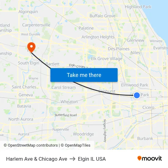 Harlem Ave & Chicago Ave to Elgin IL USA map