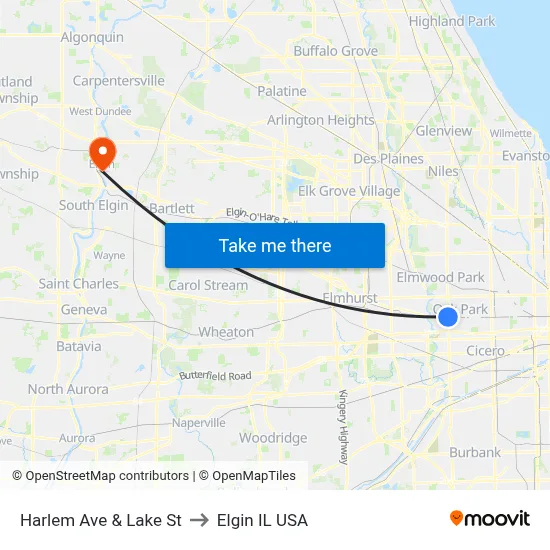 Harlem Ave & Lake St to Elgin IL USA map