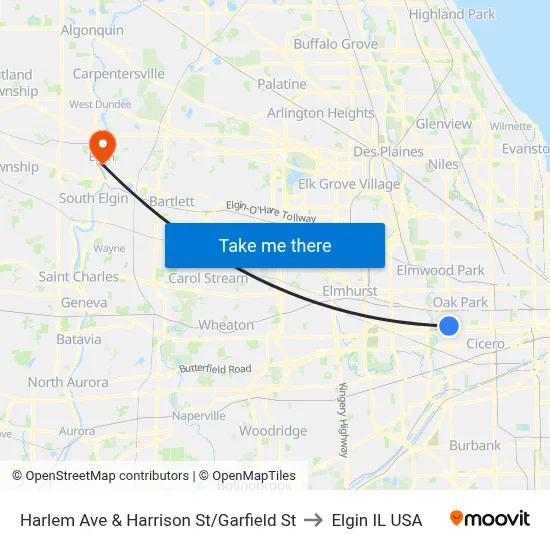 Harlem Ave & Harrison St/Garfield St to Elgin IL USA map