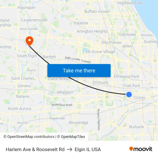 Harlem Ave & Roosevelt Rd to Elgin IL USA map