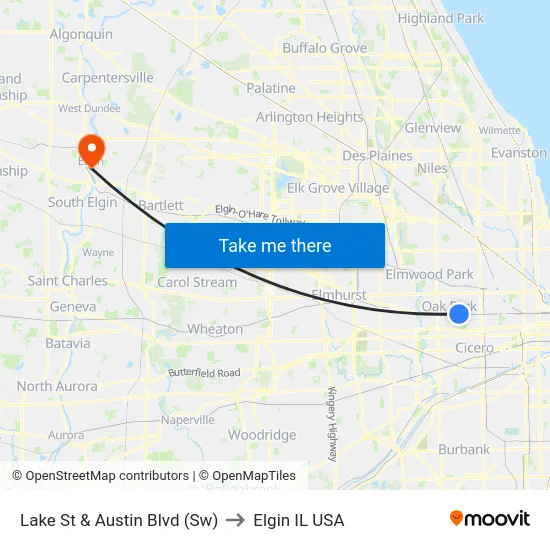 Lake St & Austin Blvd (Sw) to Elgin IL USA map