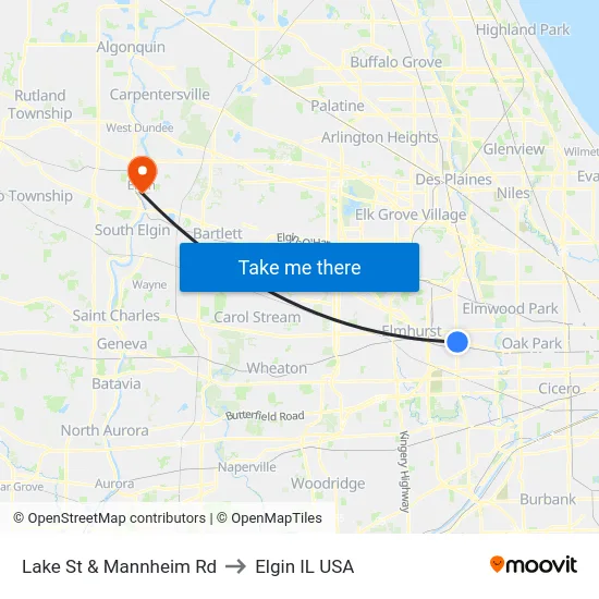 Lake St & Mannheim Rd to Elgin IL USA map