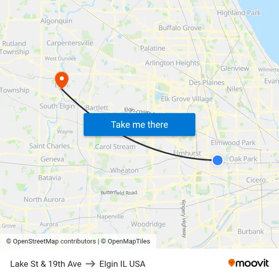 Lake St & 19th Ave to Elgin IL USA map