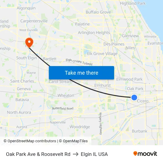 Oak Park Ave & Roosevelt Rd to Elgin IL USA map