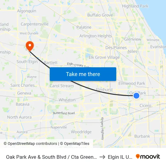Oak Park Ave & South Blvd / Cta Green Line to Elgin IL USA map